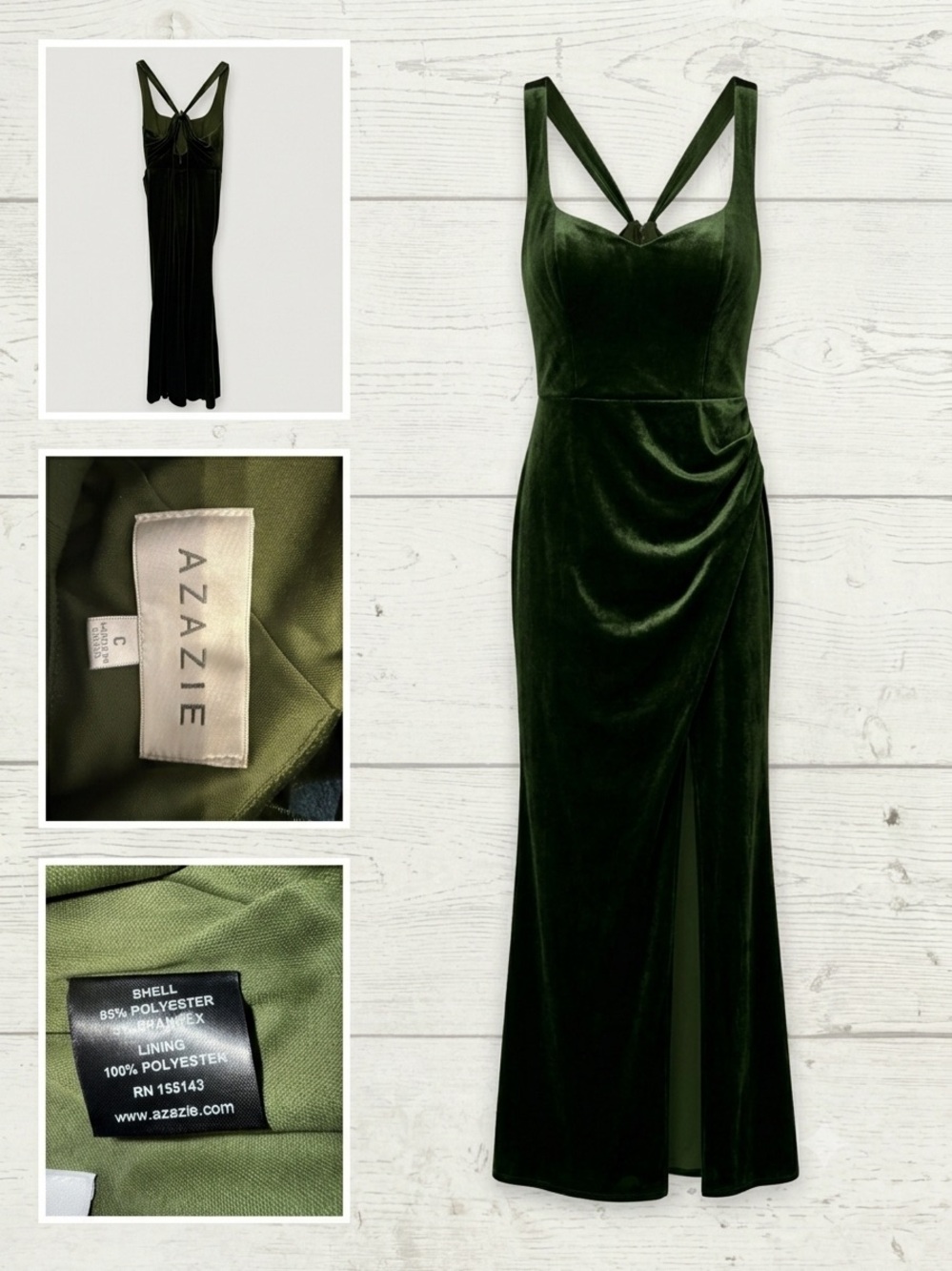 Azazie Olive Green Velvet Slit Evening Gown - Mero